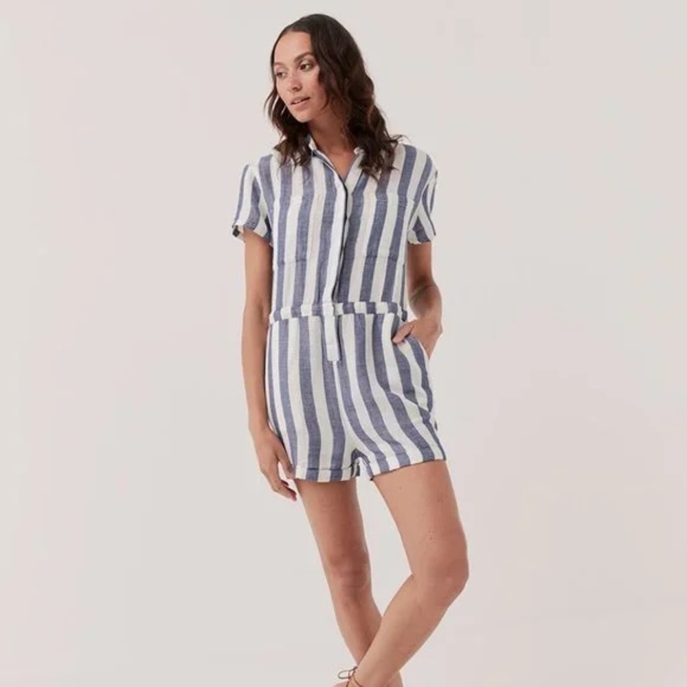 Pact Blue and White Striped Short-Sleeve Romper